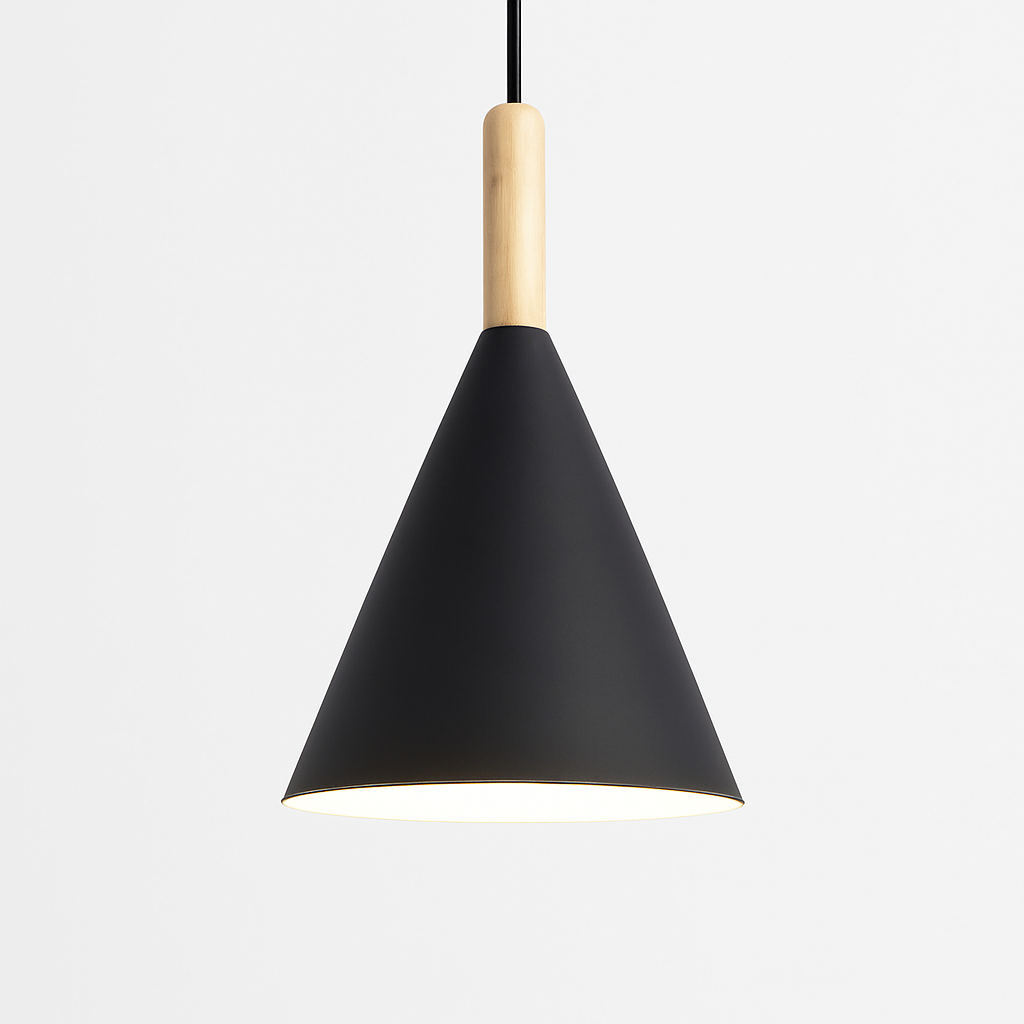 Farbige konische Metallpendelleuchte mit Holzstange Bar