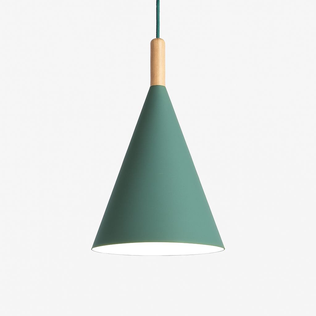 Farbige konische Metallpendelleuchte mit Holzstange Bar