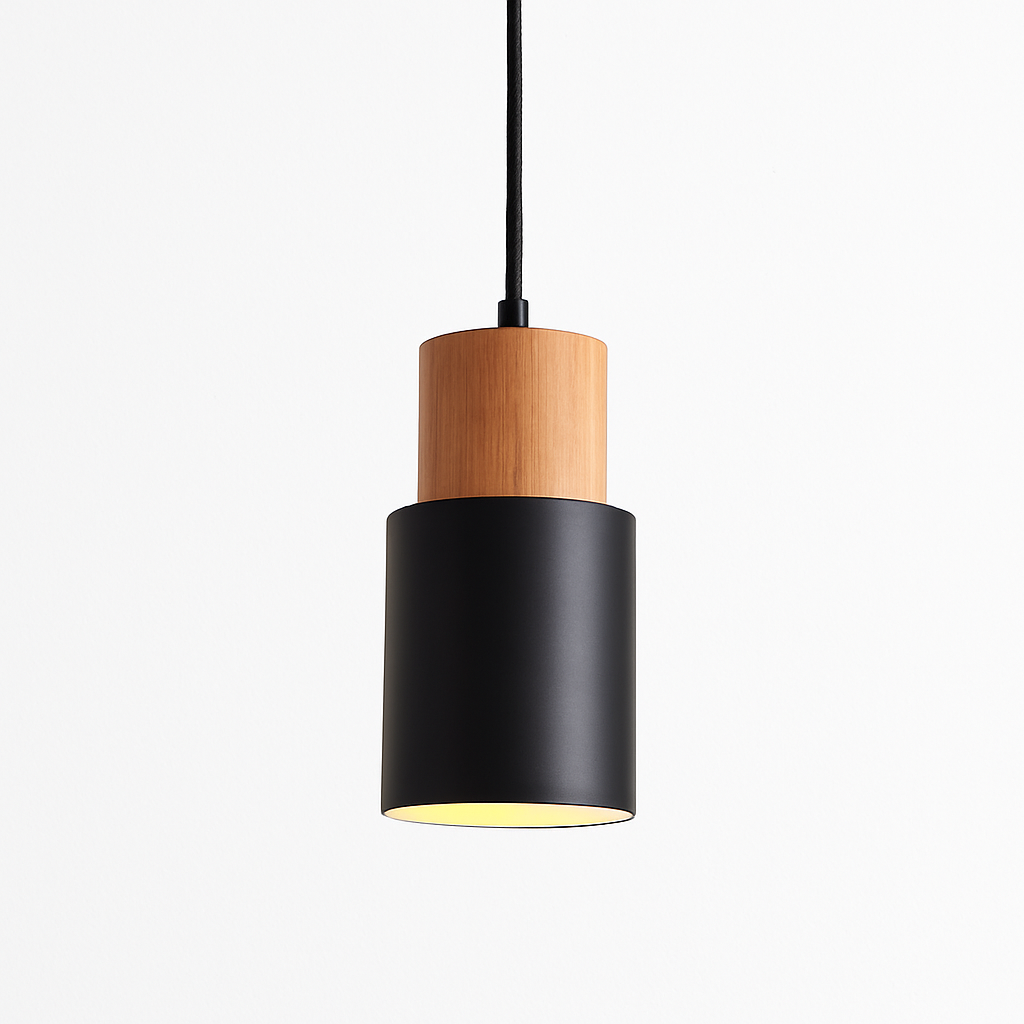 Zylindrische Pendelleuchte aus Holz und Metall in der Farbe Wood