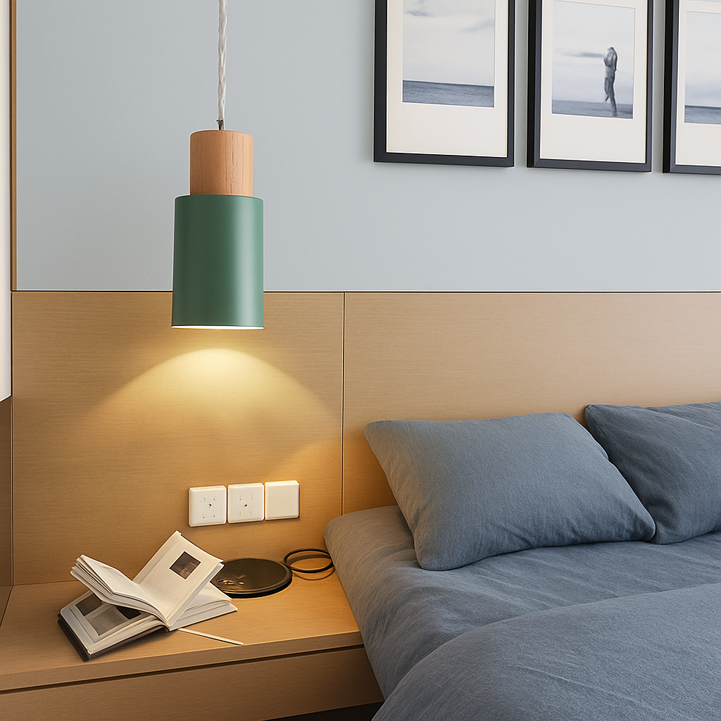 Zylindrische Pendelleuchte aus Holz und Metall in der Farbe Wood