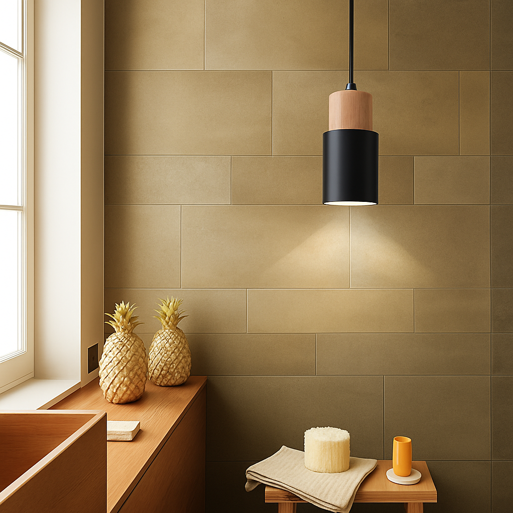 Zylindrische Pendelleuchte aus Holz und Metall in der Farbe Wood