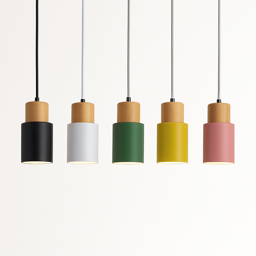 Zylindrische Pendelleuchte aus Holz und Metall in der Farbe Wood