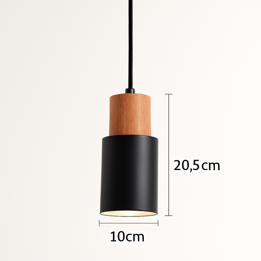 Zylindrische Pendelleuchte aus Holz und Metall in der Farbe Wood