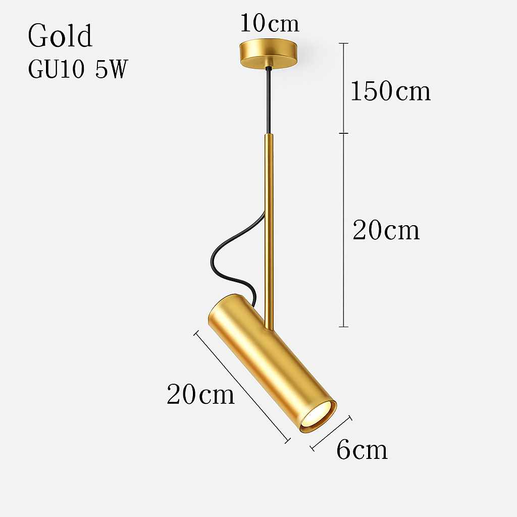 Design-Hängelampe mit schwenkbarem Spot und goldenem Stab