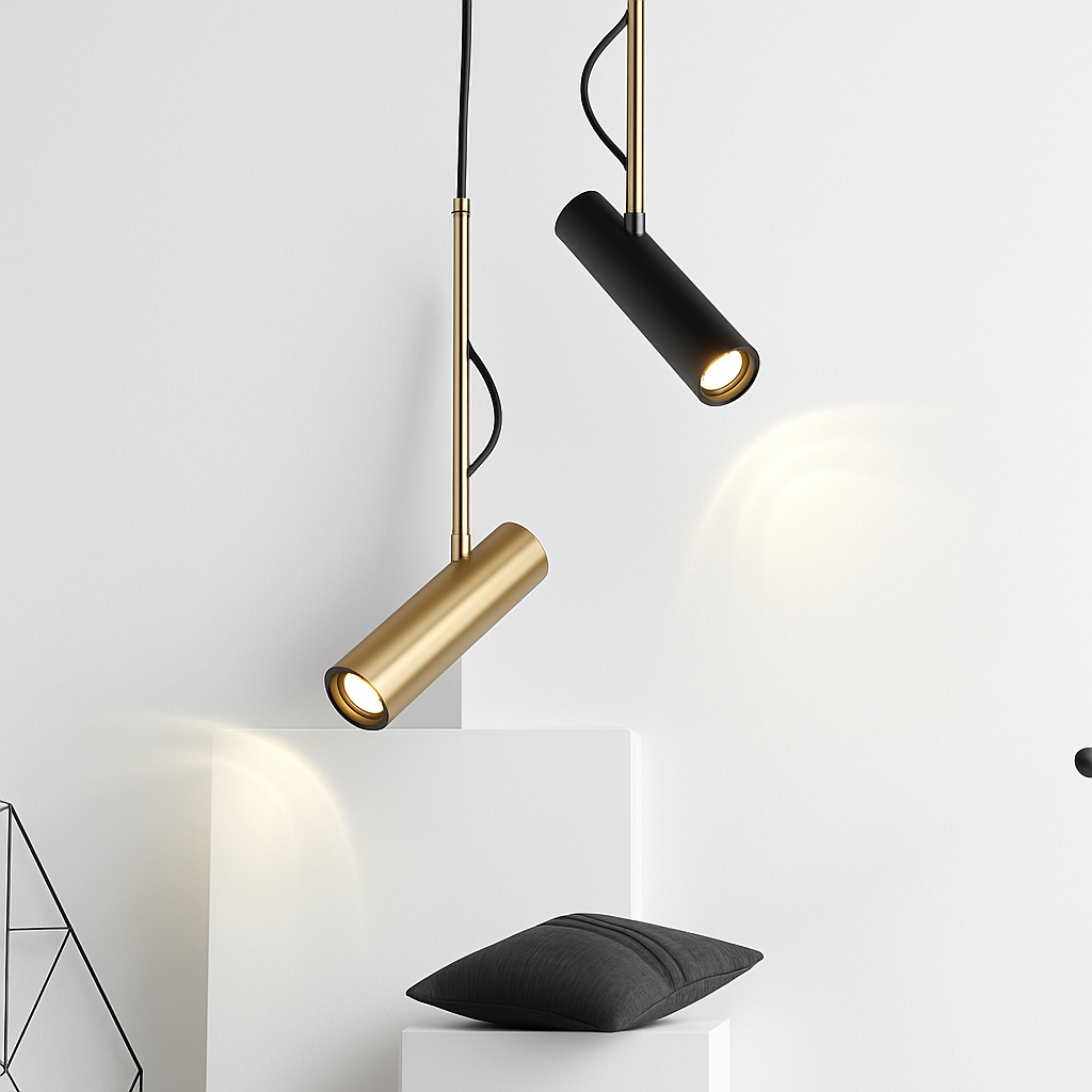 Design-Hängelampe mit schwenkbarem Spot und goldenem Stab