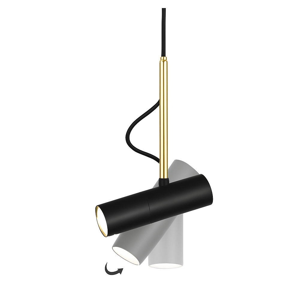 Design-Hängelampe mit schwenkbarem Spot und goldenem Stab