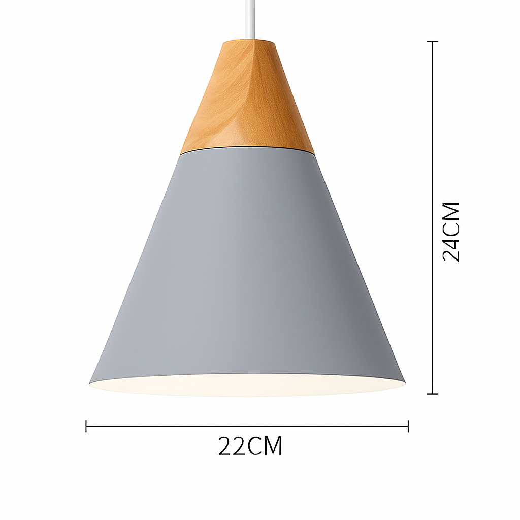 Farbige Metall- und Holzpendelleuchte in verschiedenen nordischen Formen