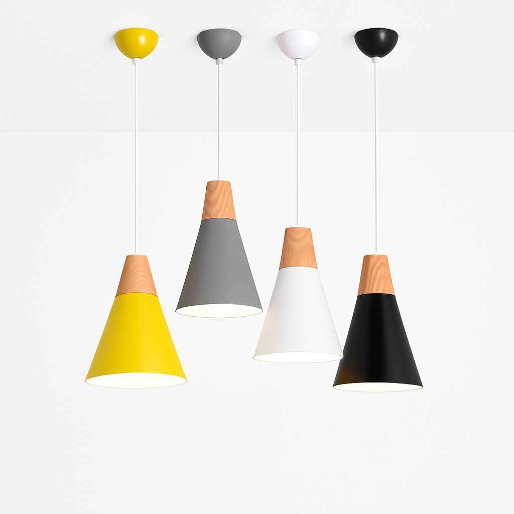 Pendelleuchte aus Holz und Aluminium in Kegelform