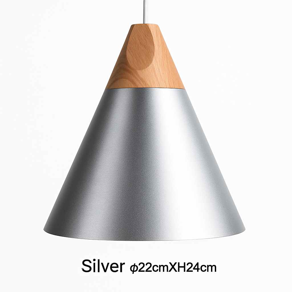 Pendelleuchte aus Holz und Aluminium in Kegelform