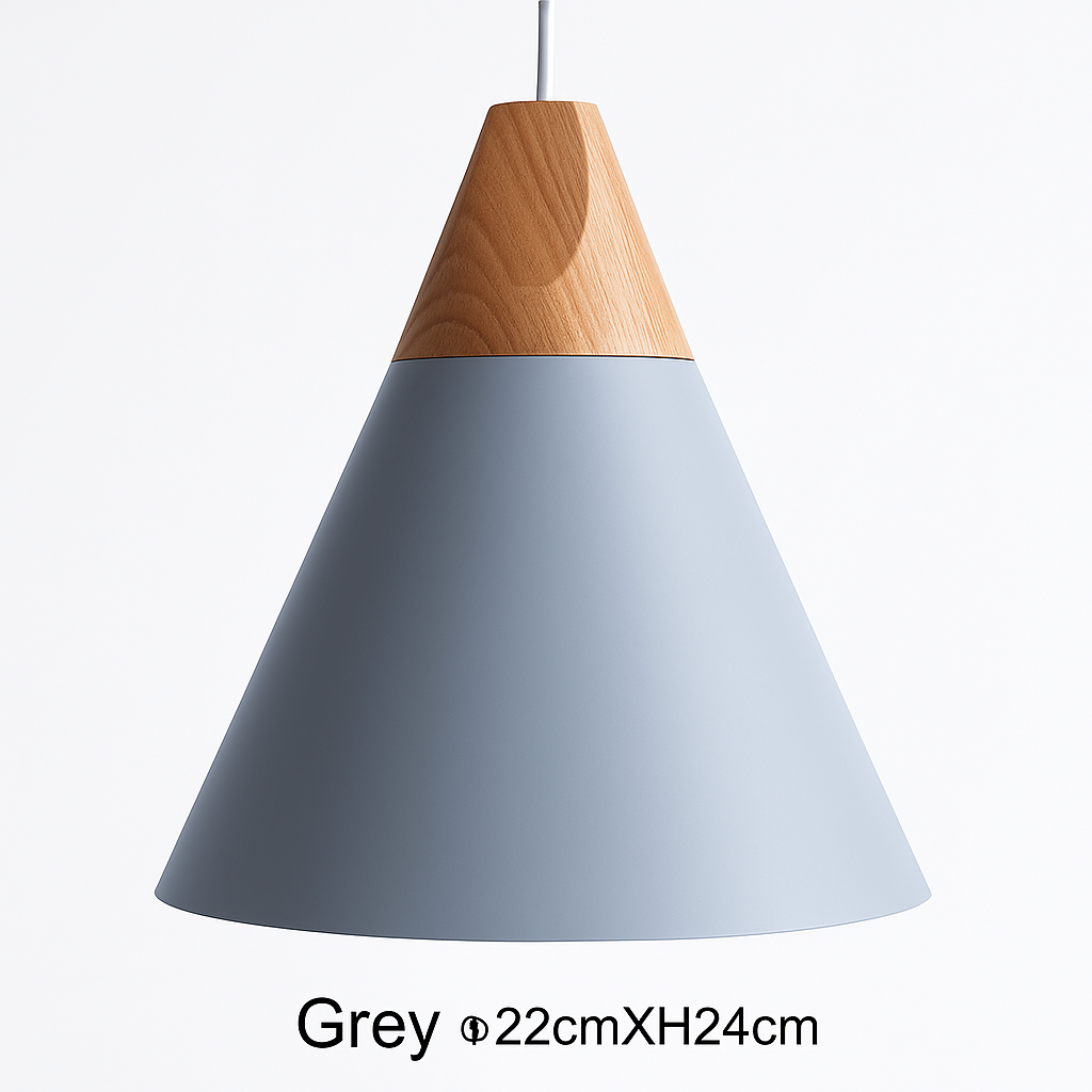 Pendelleuchte aus Holz und Aluminium in Kegelform