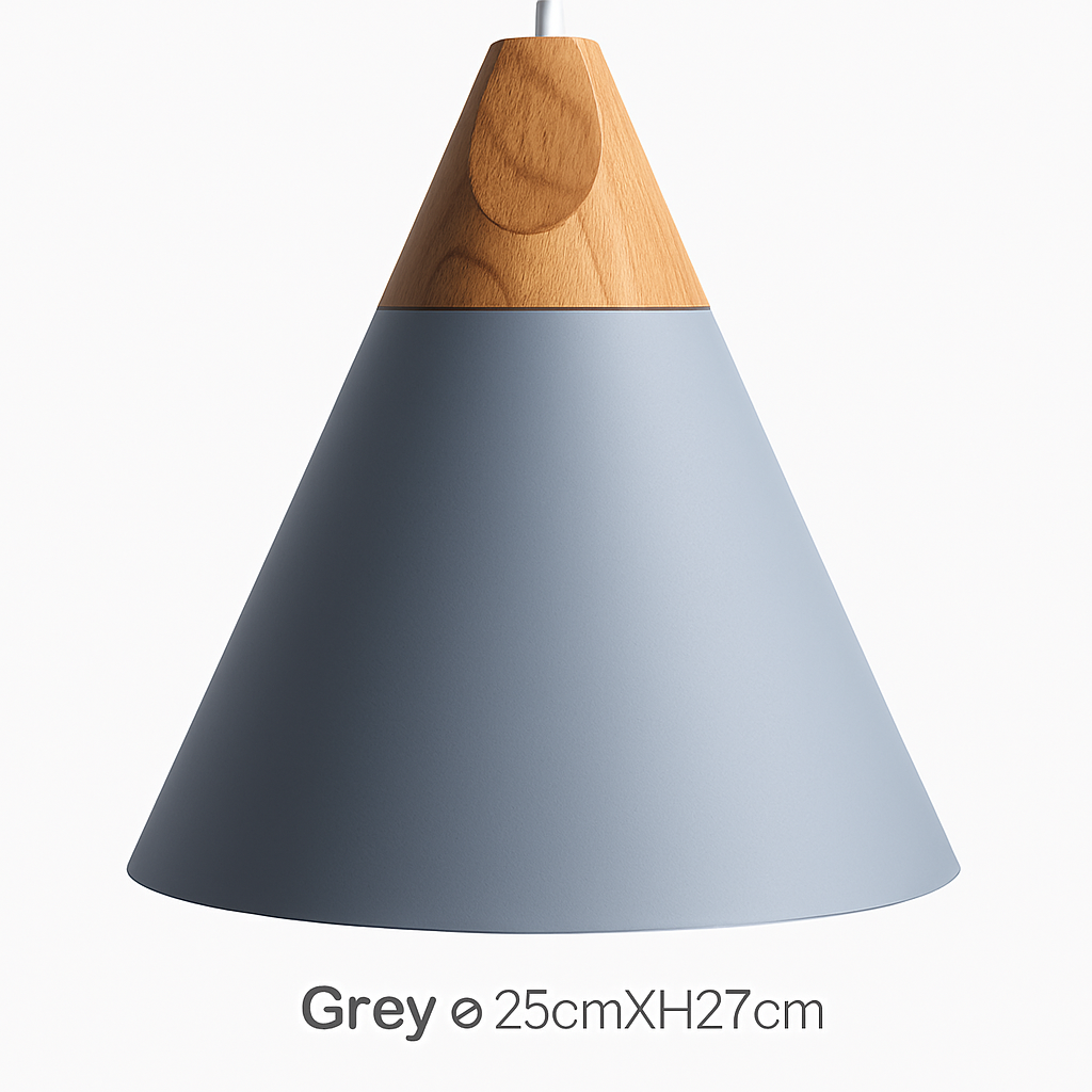 Pendelleuchte aus Holz und Aluminium in Kegelform