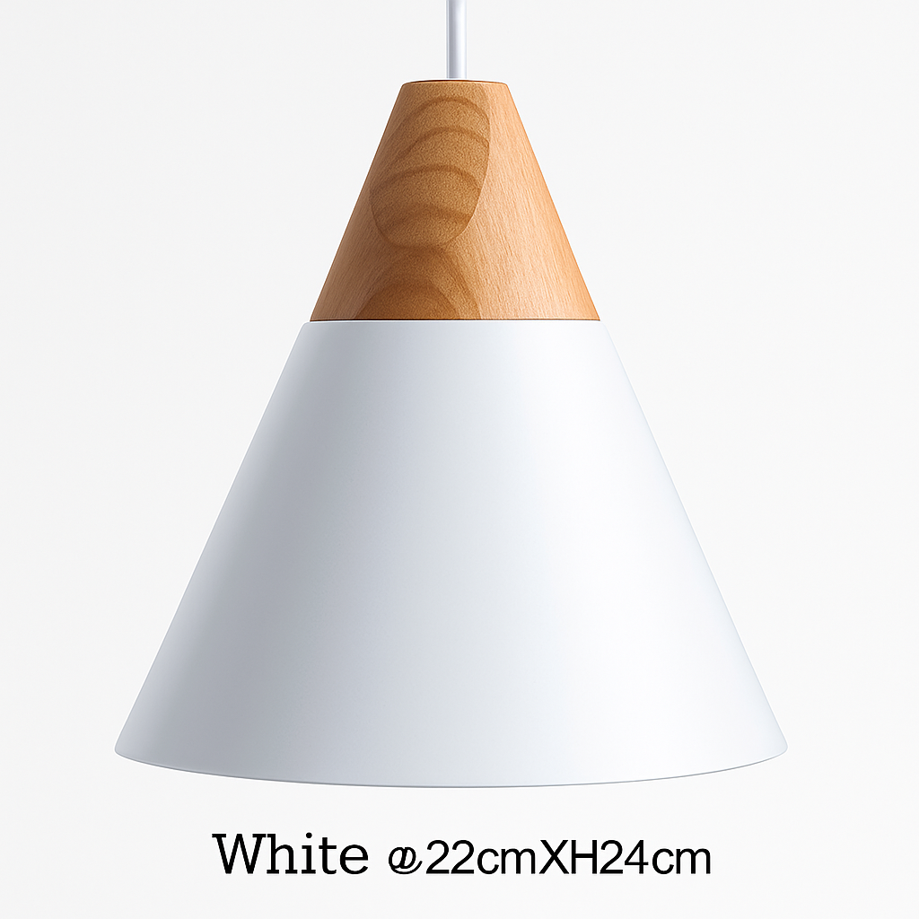 Pendelleuchte aus Holz und Aluminium in Kegelform