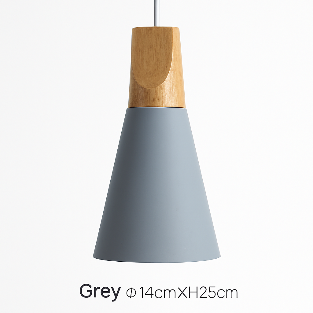 Pendelleuchte aus Holz und Aluminium in Kegelform
