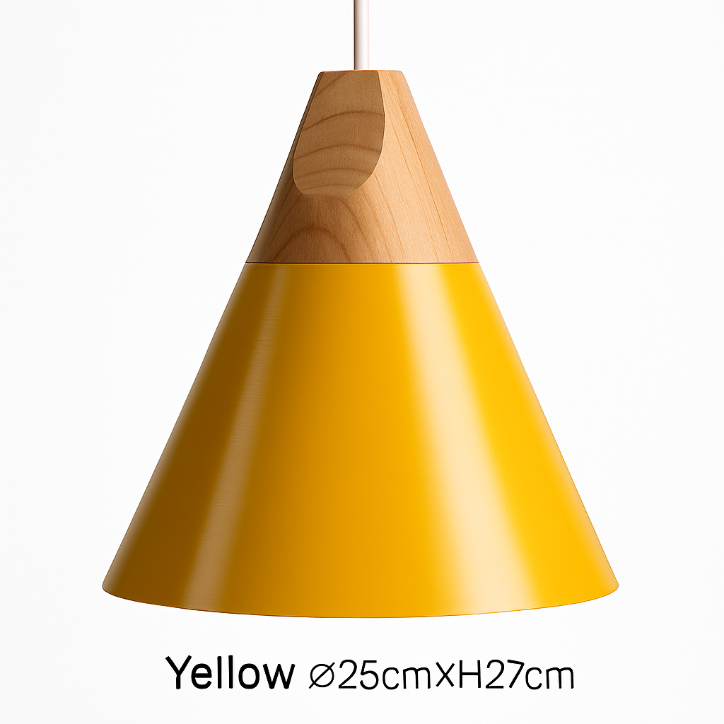 Pendelleuchte aus Holz und Aluminium in Kegelform