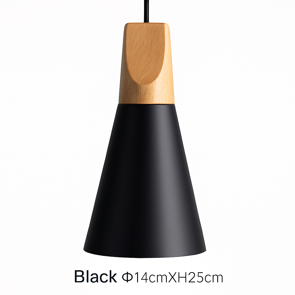 Pendelleuchte aus Holz und Aluminium in Kegelform