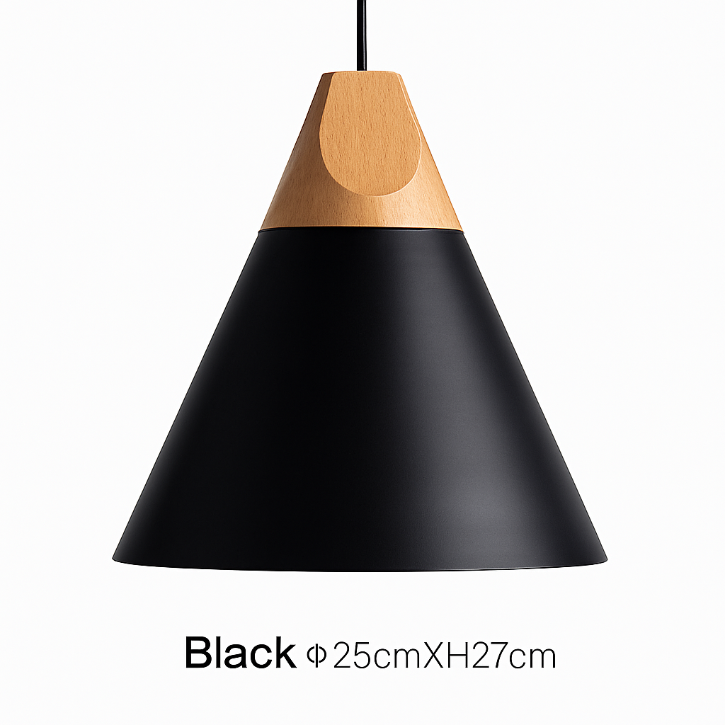 Pendelleuchte aus Holz und Aluminium in Kegelform