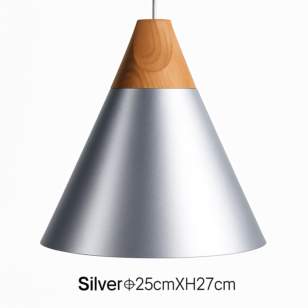 Pendelleuchte aus Holz und Aluminium in Kegelform