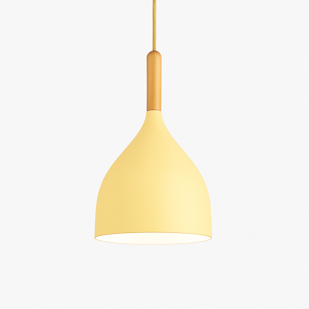 Farbige Metall-LED-Hängelampe und Holzstab im Nordic-Stil