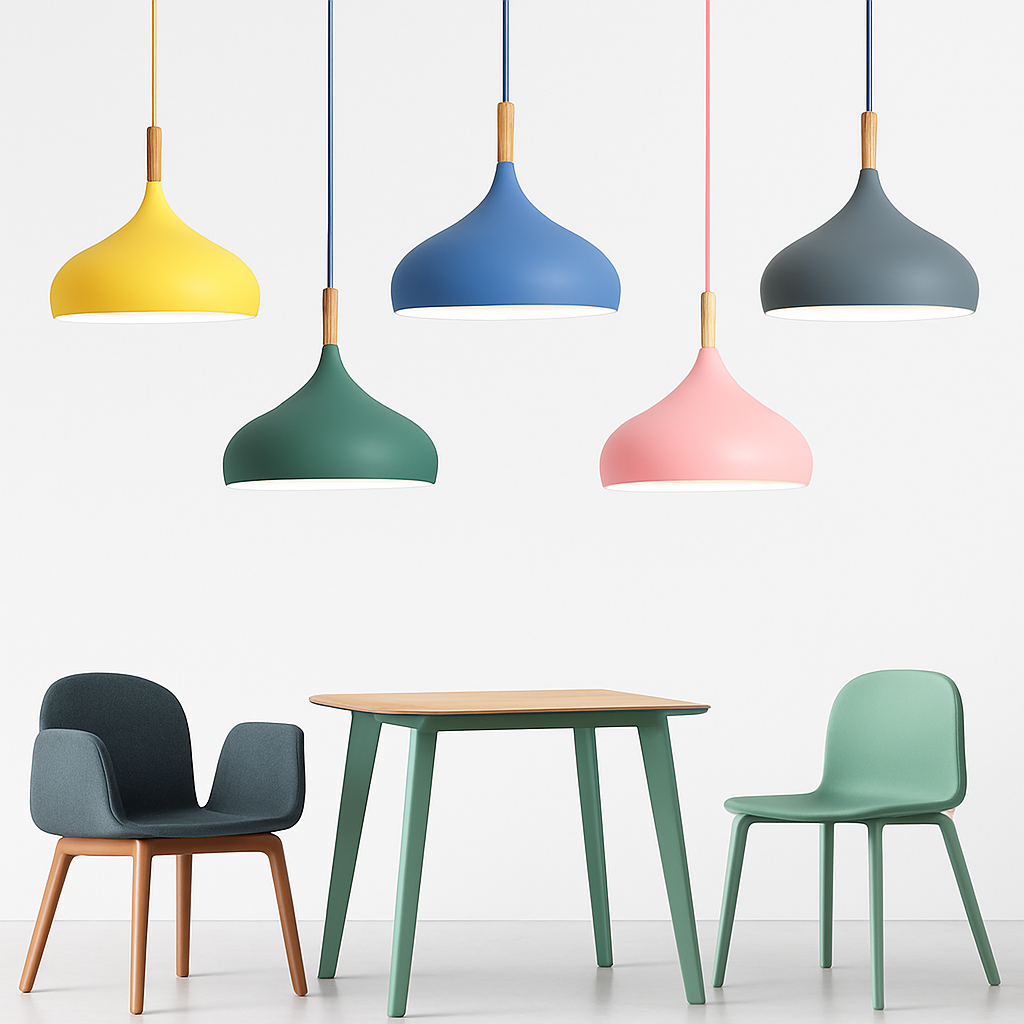 Farbige Metall-LED-Hängelampe und Holzstab im Nordic-Stil