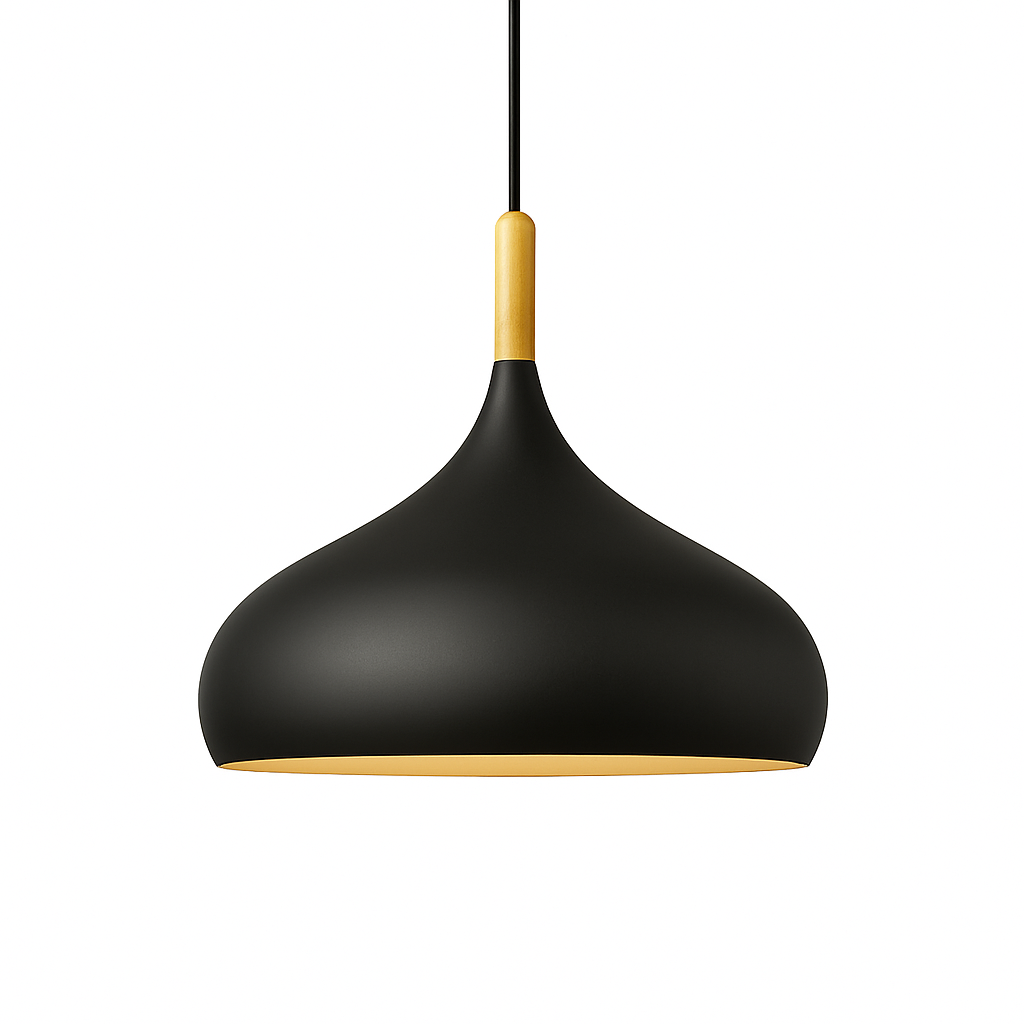 Farbige Metall-LED-Hängelampe und Holzstab im Nordic-Stil