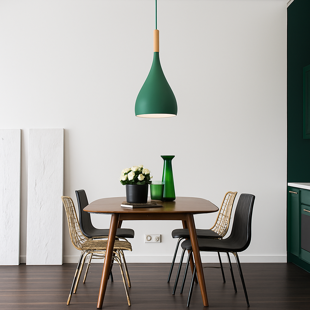 Farbige Metall-LED-Hängelampe und Holzstab im Nordic-Stil