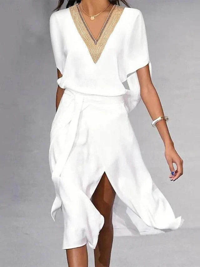 Weiße V-Ausschnitt-Midi-Kleid für Frauen