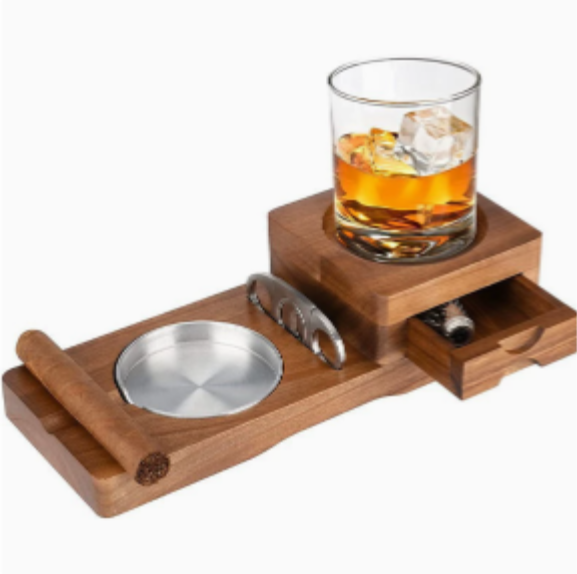 CigarOak Aschenbecher mit Whiskeyhalter – Luxuriöse Holzschale für Zigarrenliebhaber