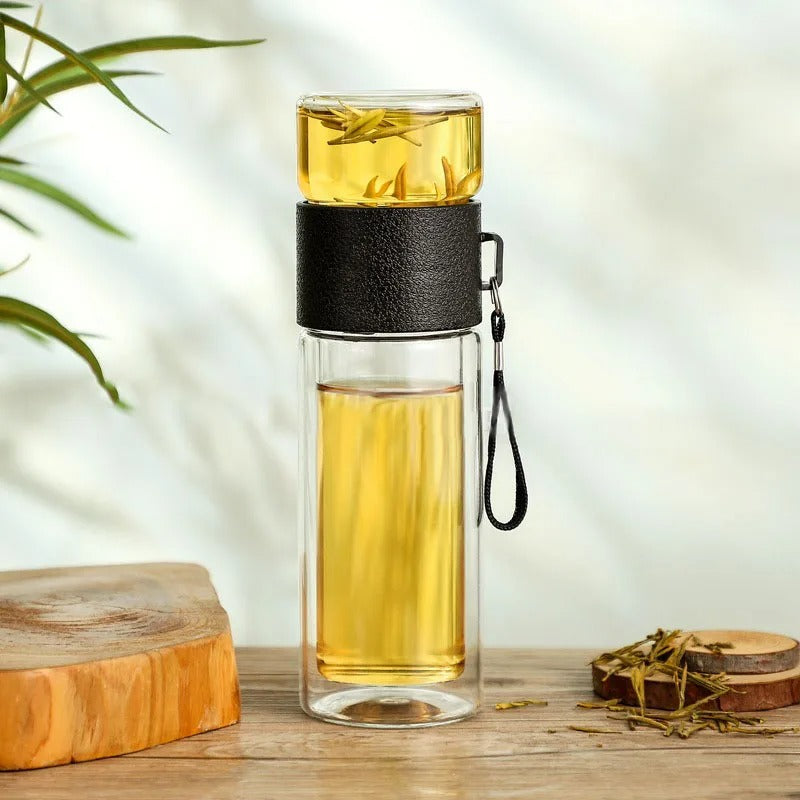 WoodGlass Thermo – Durchsichtige Tragbare Warmhaltflasche mit Teefilter für Gesunde Getränke Unterwegs