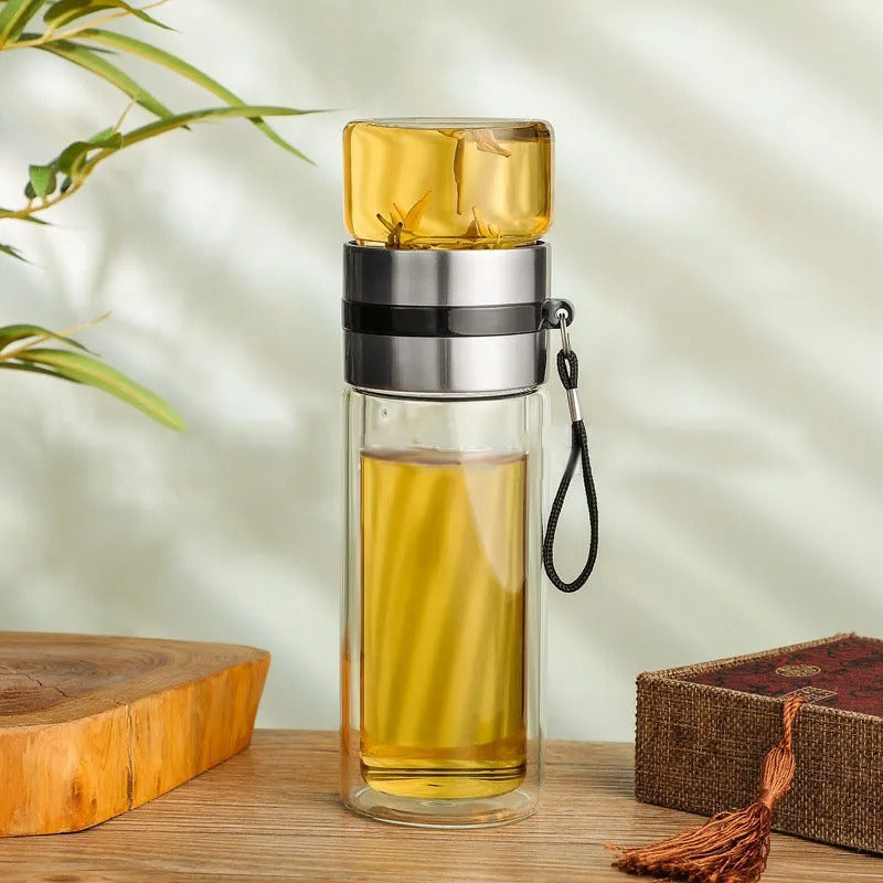 WoodGlass Thermo – Durchsichtige Tragbare Warmhaltflasche mit Teefilter für Gesunde Getränke Unterwegs