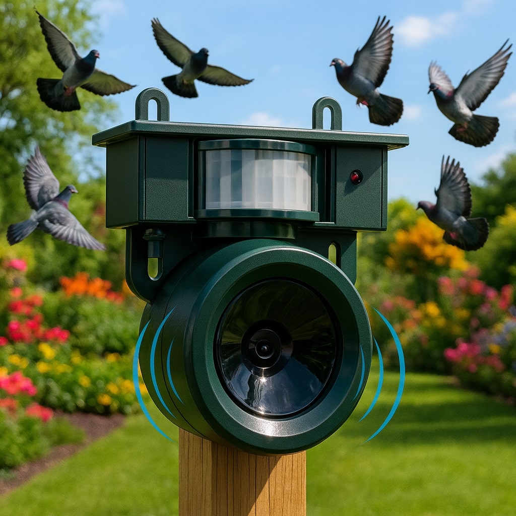 Tauben vertreiben von Balkon & Garten | Vogelabwehrgerät | VogelBlock